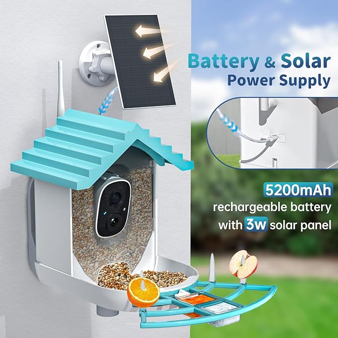 Smart Bird Feeder with Camera Solar Powered & AI Bi rd Identification, 2.4Ghz WiFi Bird feeders for Outdoors, 2K Live Video, Nstant Arrival Alerts - Blue