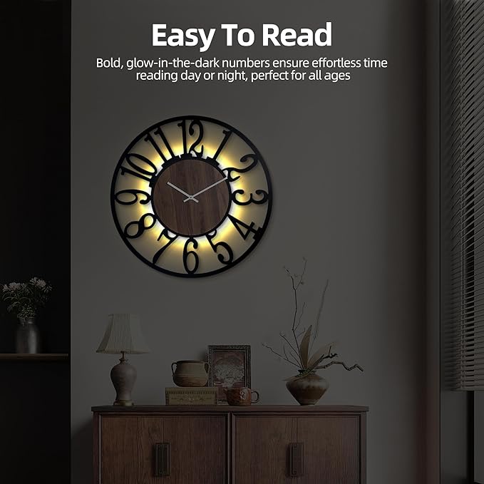 32 Inch Large Metal Wall Clock with Voice and Light Sensor Night Light, Glow in The Dark Non-Ticking Silent Battery Operated Decorative Oversized Wall Clock for Bedroom Living Room Decor