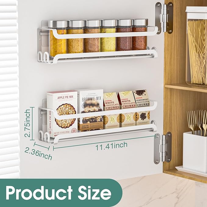 LUCYCAZ 6 Pack Wall Mounted Spice Rack with 22 Hooks, Spice Organizer Shelf for Stove Cabinet Pantry Door,Screw or Adhesive Spice Shelf Hanging Wall Spice Rack in Kitchen and RV (White, 6 PACK)