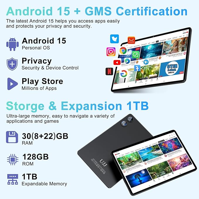 Tablet 10 inch Android 15 Tablets 30GB RAM 128GB ROM 1TB Expand, 8000mAh Octa-Core Tablets with Keyboard Mouse, HD IPS Display, Gemini AI, GPS, 5G WiFi, Widevine L1, Split-Screen - Metal Black