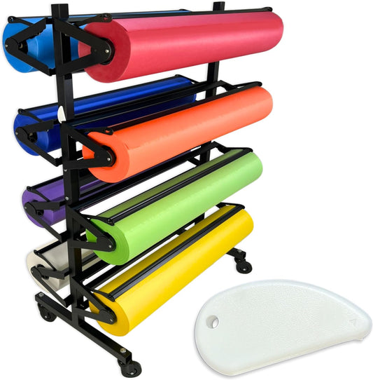 Paper Roll Holder, Dispenser Rack and Cutter - 8 Racks for Large, 36" Butcher, Craft, Gift Wrap & Art Kraft Rolls â Durable, Mobile Rolling Organizer with Ceramic Blade for Classroom, Studio & Retail
