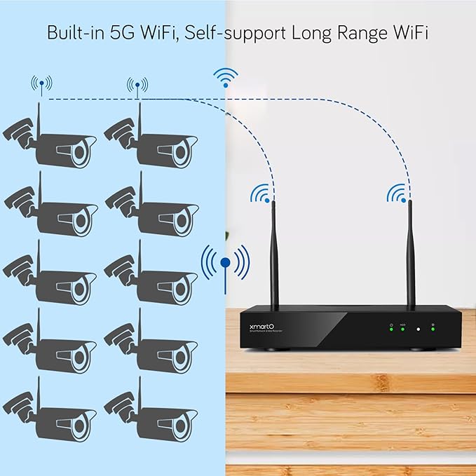 XMARTO Wireless Security Camera System 10CH 6PC 2K Wireless Security IP Camera System(Built-in Router, Plug N Play, Mobile View, Night Vision, Built-in Audio Mic)