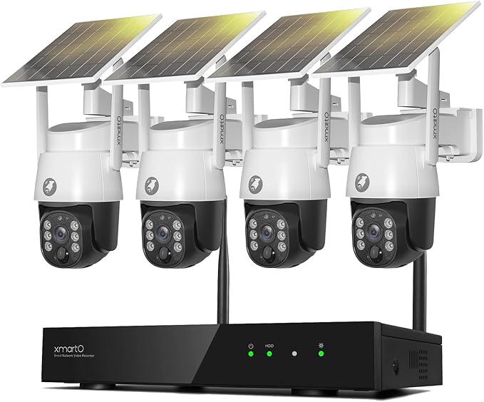 xmartO 10CH 4-CAM 4MP QHD Solar Battery PTZ Security Camera System, Solar Outdoor/Indoor WiFi Camera, 5G 10CH 4K H.265 Long Range WiFi 6 Surveillance DVR NVR Kit (Pole/Tree/Wall/Ceiling Installation)