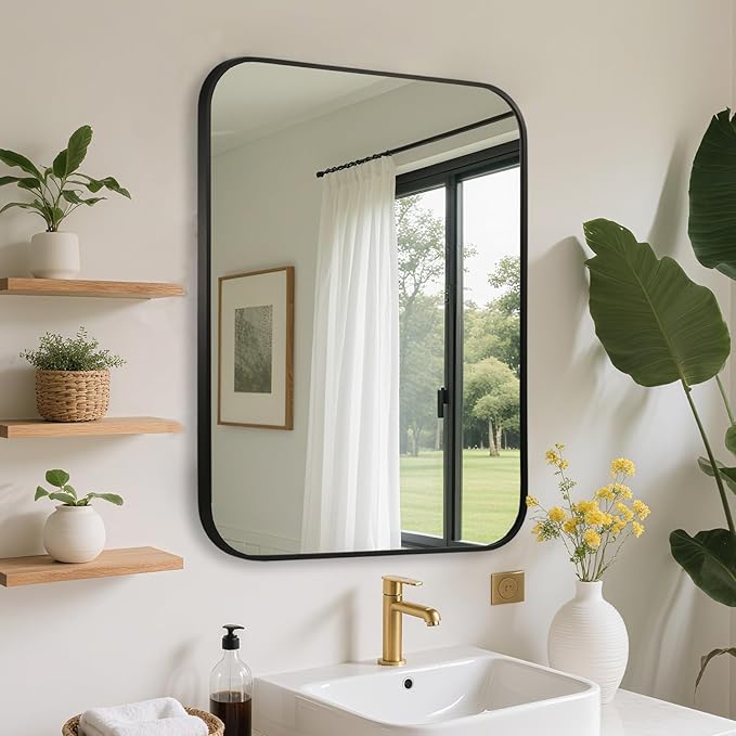 FARMER 24x32 Inch Black Bathroom Mirror, Rectangle Vanity Mirror, Brushed Mirrors for Wall, Metal Frame Hanging Mirror with Round Corner for Bedrooms, Entryways, Living Rooms, Horizontal/Vertical