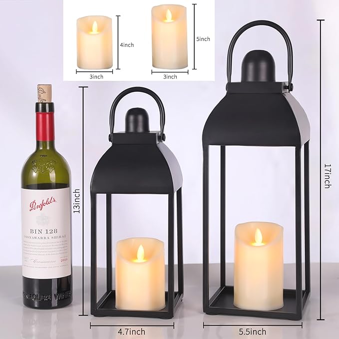 Lanterns Decorative Outdoor Indoor, Black Metal Outdoor Lanterns, 17'' 13'' Set of 2 Modern Farmhouse Candle Lantern Halloween Lanterns Centerpieces for Home, Wedding, Patio, Porch, Mantel