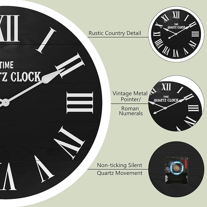 ARTPOWER Large Farmhouse Wall Clock, 35.5” Shiplap Wall Clock with Roman Numeral, Nearly Non-Ticking, Round Wall Clocks for Living Room Decor, Office, Bedroom, Entrance, Black