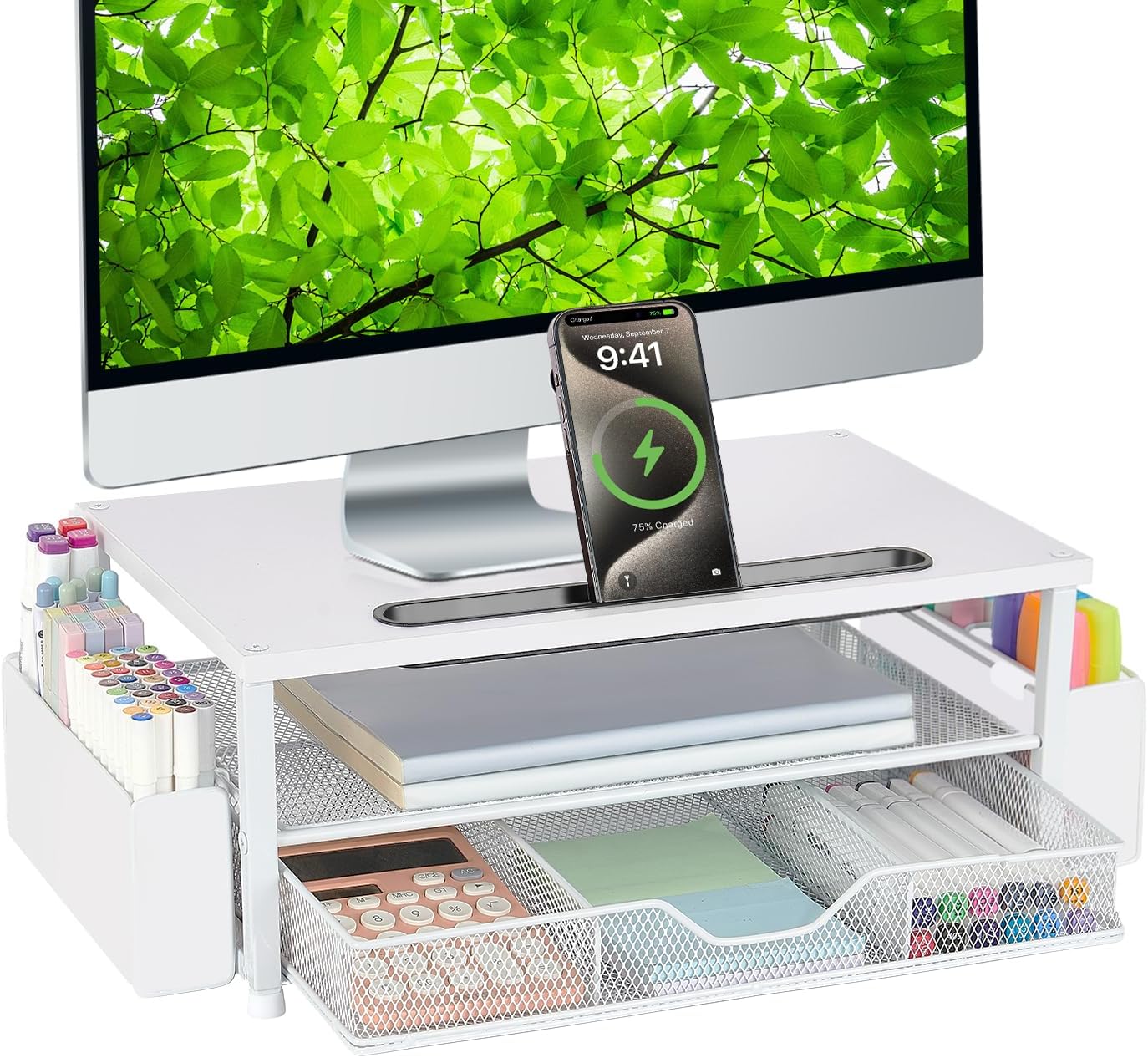 AUPSEN White Monitor Stand Riser, 2-Tier Wood Computer Desk Organizer with Drawer, Pen Storage & Phone Holder ，Office Desk Accessories Desktop Organizer for Office Supplies