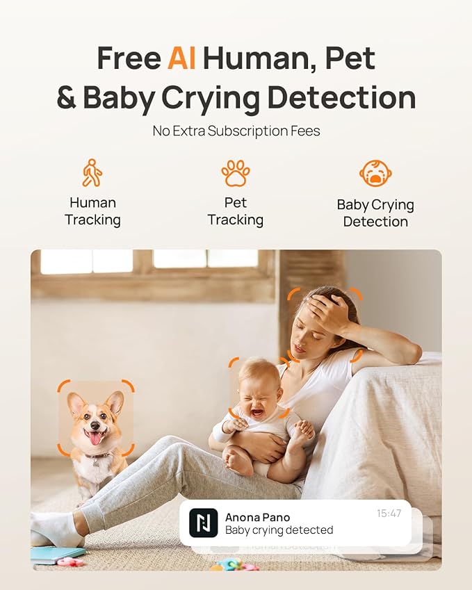Anona 4K UHD Indoor Camera, Pet/Dog/Baby Security Camera with Phone App, 360°Pan-Tilt, 2.4G/5G Dual-Band Wi-Fi 6, Auto-Tracking, Person/Pet/Baby Crying Detection, Privacy Mode, Two-Way Audio, 4 Pack