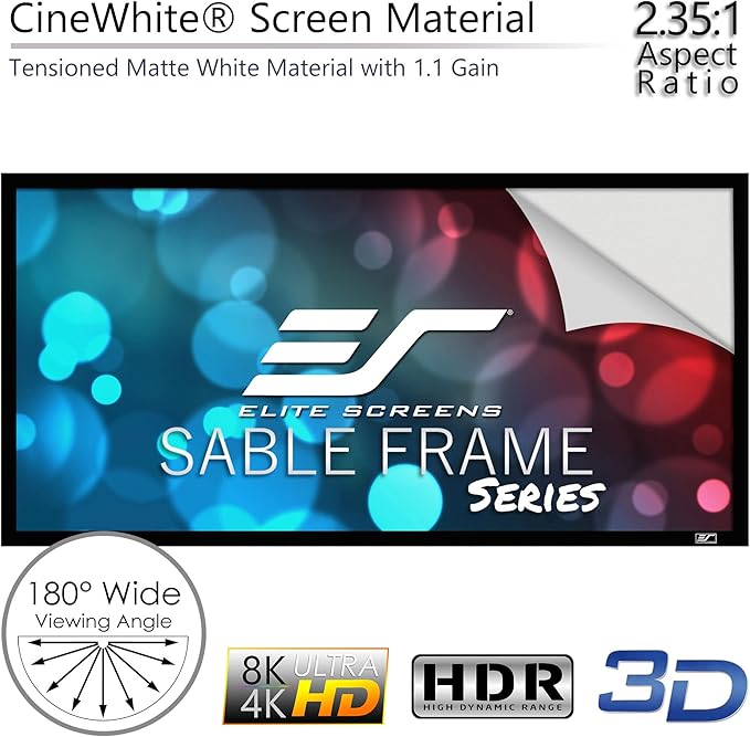 Elite Screens Sable Frame, 96-inch 2.35:1 Diagonal, Active 3D 4K Ultra HD ReadyFixed Frame Home Theater Projection Projector Screen, ER96WH1-Wide
