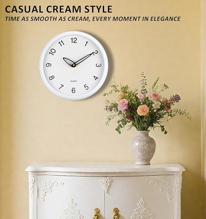 12 Inch Wall Clocks Battery Operated, Cream Modern Digital Wall Clock, Silent Non Ticking Analog Clock with Large Numbers Wooden Hands Clocks for Living Room Bedroom Kitchen Office Gym, White