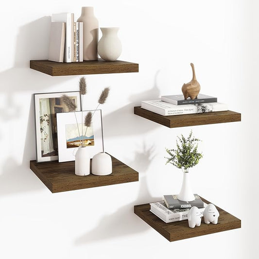 Fun Memories Square Floating Shelves for Wall - 12 Inch Deep Floating Shelves with Invisible Brackets, Brown Small Wall Shelf for Living Room, Bathroom, Bedroom, and Kitchen Decor，Set of 4