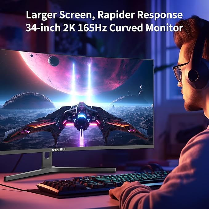 SANSUI 34-Inch Curved Gaming Monitor UWQHD 3440 x 1440 Up to 165Hz Curved 1500R - PIP/PBP, 1ms(MPRT), HDR, 300nits, sRGB 125%, DCI-P3 95%,FreeSync,HDMIx2,DP1.4 x2 (DP Cable Included)