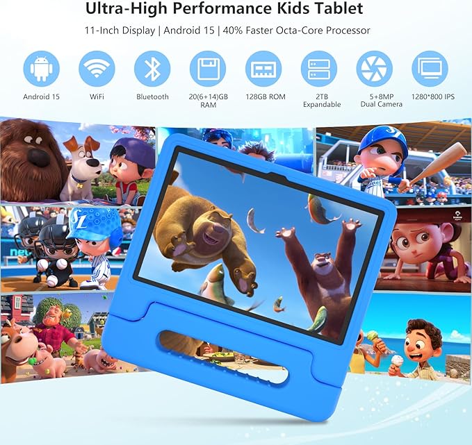 Kids Tablet, 11 inch Android 15 Tablet for Kids, 20GB RAM 128GB ROM Octa-Core 8000mAh Battery Childs Tablets with Shockproof Case, Bluetooth, WiFi, Parental Control, Dual Camera, GPS