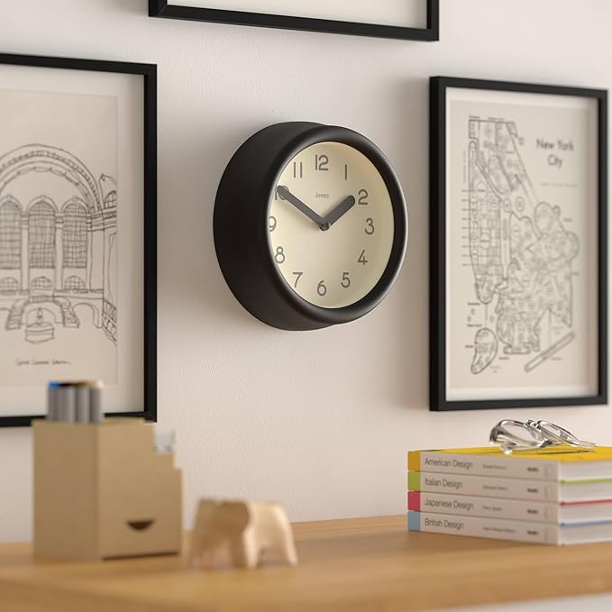 JONES CLOCKS® Fuze Wall Clock | Small Round Clock | Black | Playful Modern Design with Soft sculptural Presence | Ideal for Kitchens Living Rooms Kid's bedrooms
