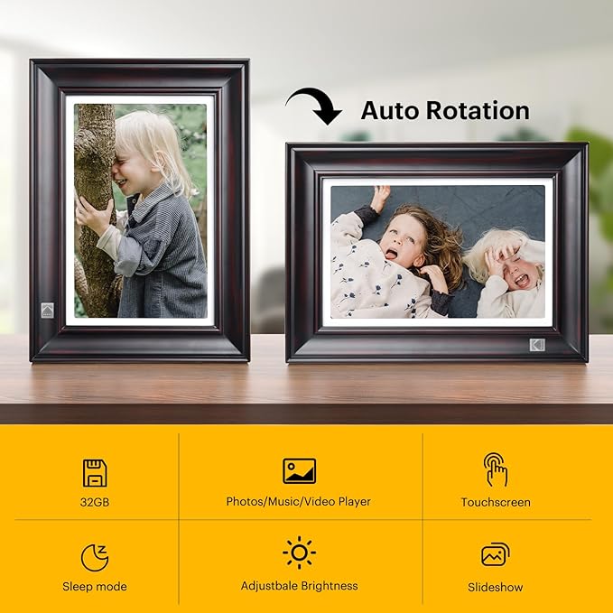 KODAK WiFi Digital Picture Frame, 1920 x 1200 HD Touchscreen Digital Photo Frame, 10.1 Inches Intelligent Electronic Picture Frame with 32 GB,Auto-Rotate, Share Moments Instantly Gifts(Wood Frame)