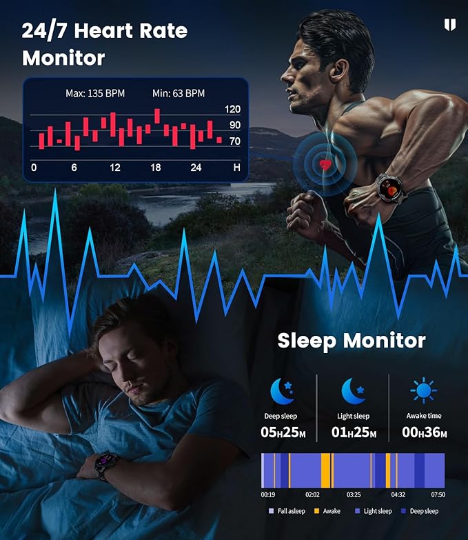 LIGE 1.43" AMOLED Smart Watch for Men with Flashlight, Bluetooth Calling, 100+ Sport Modes, 530mAh, IP68 Waterproof Fitness Tracker for Workout, iOS Android Compatible, Black Steel Black Silicone