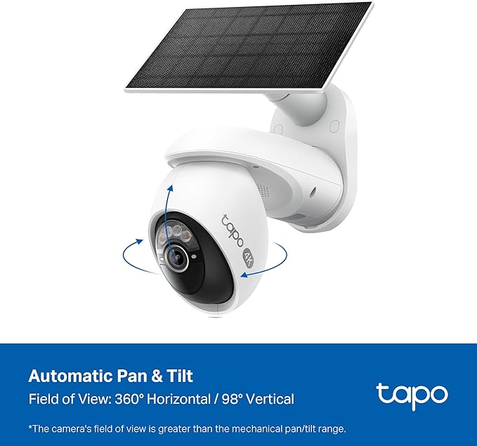 Tapo 4K Outdoor Camera Wireless, Battery Camera w/Solar Panel, Pan/Tilt, 360° View, 24/7 Capture, Free Person/Vehicle Detect, Night Vision, SD/Cloud, Works w/Alexa and Google Assistant, VistaCam 360