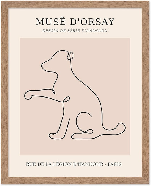 Poster Master Vintage Poster - Retro One Line Dog Drawing Print - Dog Art - Minimal Gift for Men, Women, Animal Lover - Abstract Wall Decor for Home, Office, Bedroom, 8x10 Beige Framed
