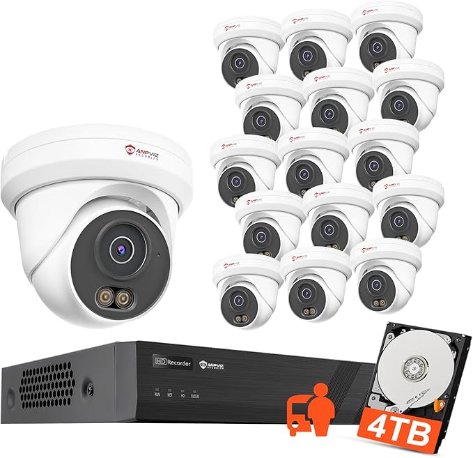 Anpviz 12MP 16CH NVR PoE Security Camera System with AI Human Vehicle Detection, 16x 6MP Wired IP Turret Cameras Outdoor, Built in Mic, 16CH 12MP PoE NVR with 4TB HDD, CCTV for Business Home, NDAA