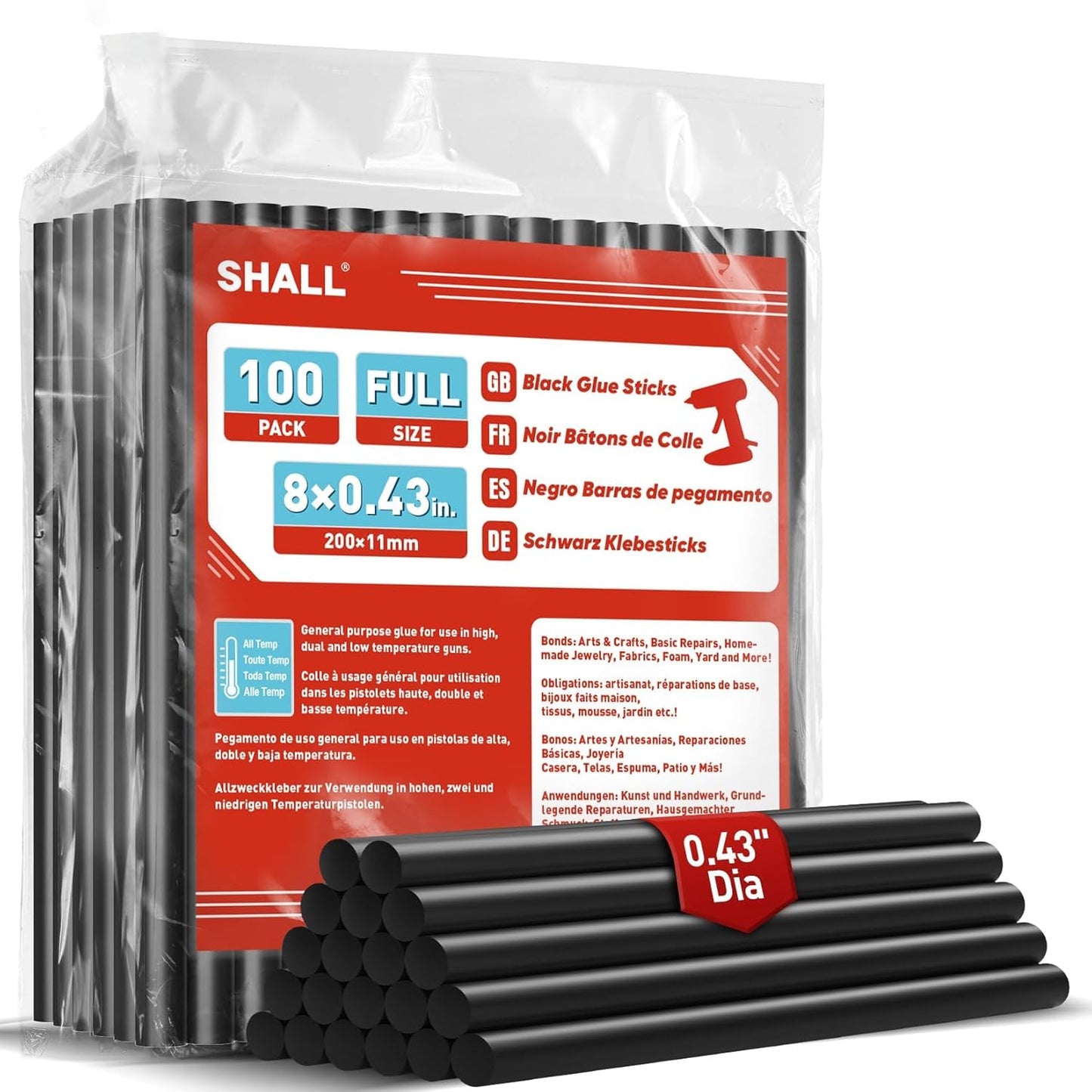 SHALL Full Size Hot Glue Sticks, 0.43” Dia x 8” Long, 100 Pack Black Glue Gun Sticks for All-Temp Glue Guns, Hot Melt Adhesive Glue Sticks Multipurpose for DIY Art Craft Sealing Repair Festival Decor