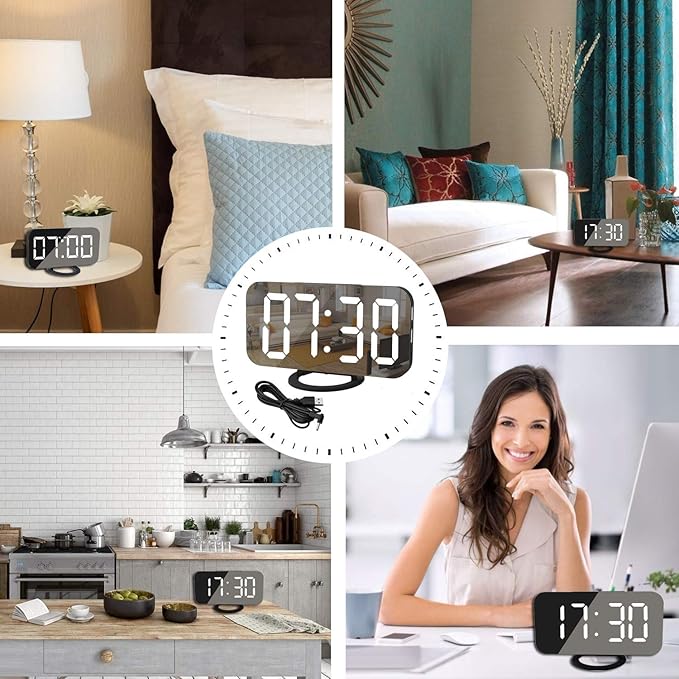 Digital Clock Large Display, LED Alarm Electric Clocks Mirror Surface for Makeup with Diming Mode, 3 Levels Brightness, Dual USB Ports Modern Decoration for Home Bedroom Decor-Black