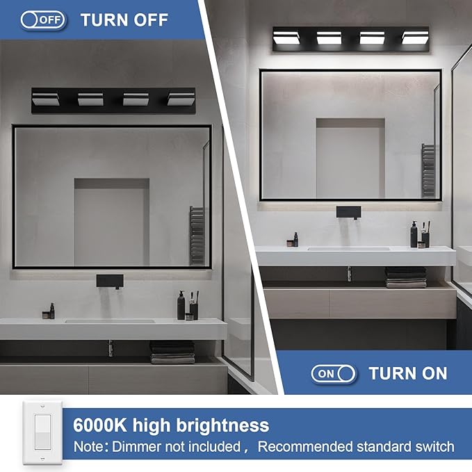 Modern LED Bathroom Lights Fixtures(4-Light),Metal Black Acrylic Wall Lighting,Vanity Lights for Bathroom Over Mirror(6000k 27in)