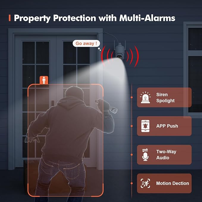 Dzees 360° PTZ Security Cameras Wireless Outdoor WiFi, 2K Battery Powered Home Security Camera Indoor, Spotlight & Siren, Color Night Vision, 2-Way Talk, AI Motion Detection, IP66, SD/Cloud 4-Pack