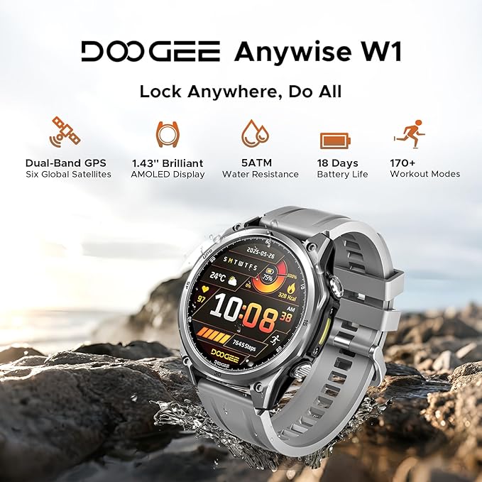 DOOGEE Anywise W1 Mens Smart Watch, 5ATM Dual-Band GPS Fitness Tracker, 1.43'' Smart Watches for Android and iPhone, 170+ Sports Modes, Answer/Make Calls/18 Days Battery/Led Flashlight/Compass/2 Strap