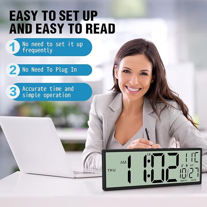 XREXS 14.5" Digital Wall Clock Battery Operated with Big Digits LCD Screen Display, Large Display Timer with Temperature Date Week Auto DST, Alarm Clock for Classroom, Livingroom, Office