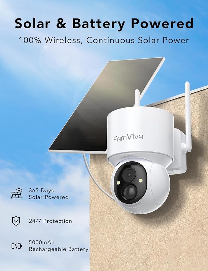 2K Solar Security Cameras Wireless Outdoor, 360°PTZ Battery Powered Cameras for Home Security, 2.4G WiFi Outdoor Camera with Color Night Vision, IP66 Waterproof, Motion Sensor Alarm, White