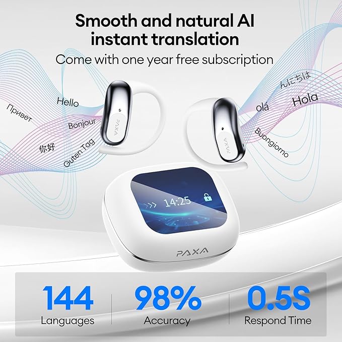 PAXA Ai Translator Earbuds 3-in-1 Two-Way Translation Earbuds Real Time Wireless Bluetooth 5.4 Headphones Translator with Touch Screen Housing for Foreign Travel/Learning/Business Openairultra,White