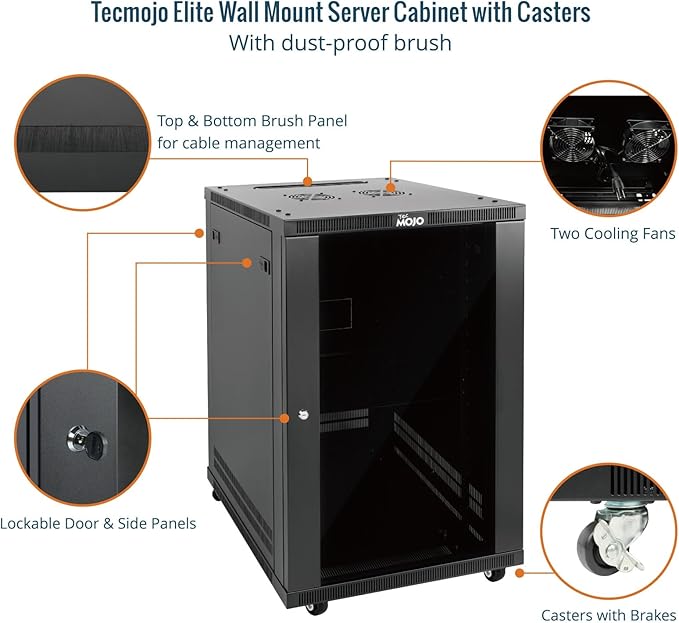 Tecmojo 18U Wall Mount Rack,18U Rack 23.6 Inch Depth,Hold Up to 176 Lbs,Server Rack with Casters,Enclosed Network Cabinet Kit for 19 Inch Network,Server and AV Gear,Glass Door(Elite Collection)