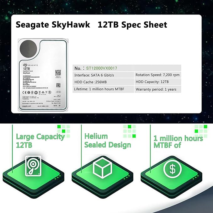 Seagate Skyhawk 12TB Video Internal Hard Drive HDD-3.5 Inch SATA 6Gb/s 7200PRM 256MB Cache for DVR NVR Security Camera System with Rescue Services (ST12000VX0017/0007) (Renewed)