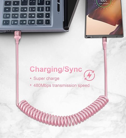 USB C Cable Fast Charging Cable [3FT+6FT], Coiled USBA to USBC Cable for Car, USB C Cord iPhone USB-C Cable Compatible with iPhone 17 16 15 Pro Max,Samsung Galaxy S10 S9 and More-Pink