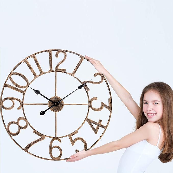 BEW Large Wall Clocks for Living Room Decor, Silent Analog Battery Operated Wall Clock, 24 Inch Bronze Rustic Farmhouse Metal Wall Clock for Indoor, Outdoor