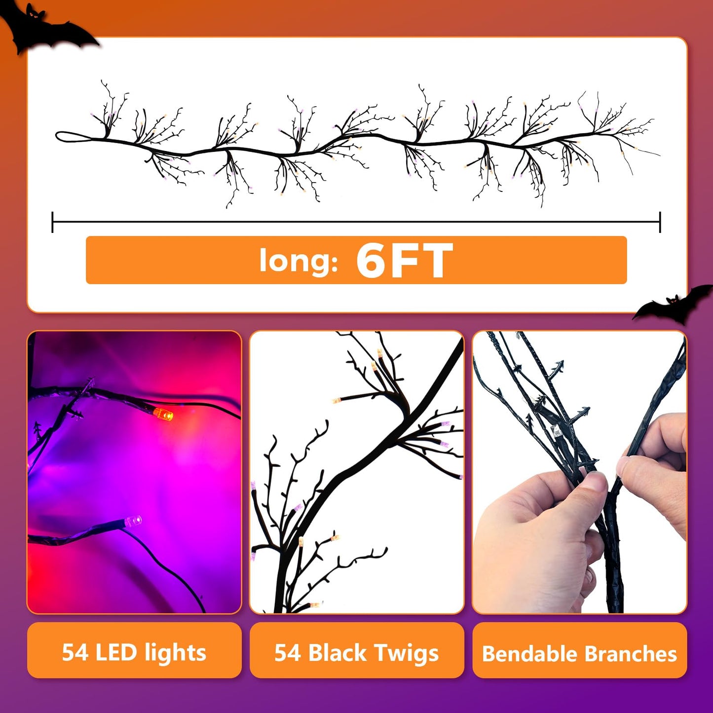 CL FUN Halloween Willow Vine Twig Lights - 6ft Battery Operated Waterproof String Light, 54 LED, Orange & Purple