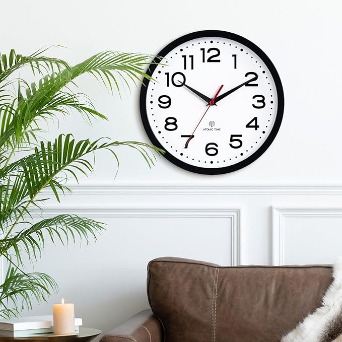 Atomic Wall Clock 14 Inch, Modern Clock Battery Operated Classic Analog Decorative for Kitchen, Living Room, Office, Bedroom, Bathroom (Black)