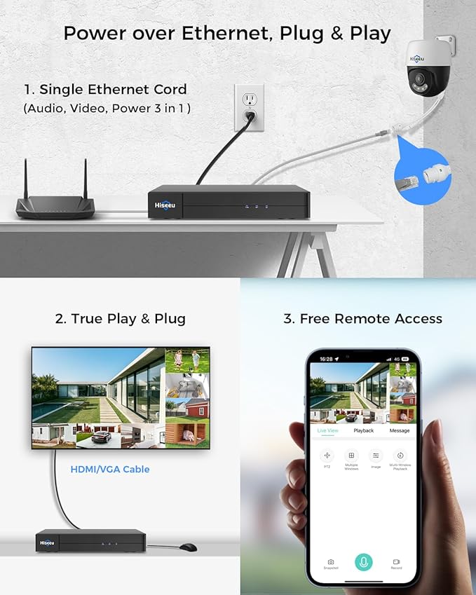 [4K+360° View] Hiseeu 4K PoE Security Camera System, 8Pcs 8MP PoE PTZ Wired Camera Outdoor, Human Vehicle Detect, 2-Way Audio, Color Night Vision, 16CH Expandable, 2TB HDD for 24/7 Home Surveillance