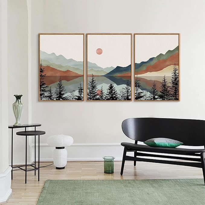 Tinonedraw Boho Mountain Framed Canvas Wall Art Set, Watercolor Nature Landscape Wall Decor, Black Pine Forest Artwork, Modern Sunrise Art Prints for Living Room, Bedroom, Office 16"x24"x3