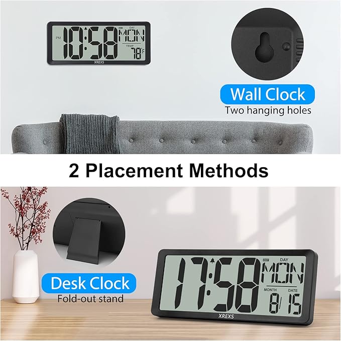 XREXS 14.17 Inch Digital Wall Clock with Remote (Battery Operated)- Backlight(Not Constantly Illuminated) | Count Down Timer | Displays Temp, Date & Week | Ideal for Home, Office, Classroom