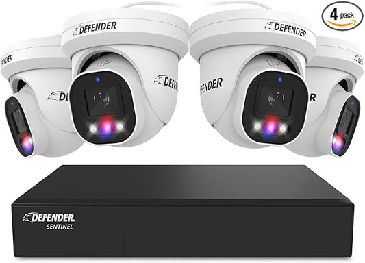 Defender AI Powered Sentinel Pro Turret 8CH NVR PoE Security Camera System, 4pc Metal Turret Cameras, 109° Wide Angle, IP66 Rated, Audio Recording, Web Viewing, 1TB HDD, Works w/Empower App