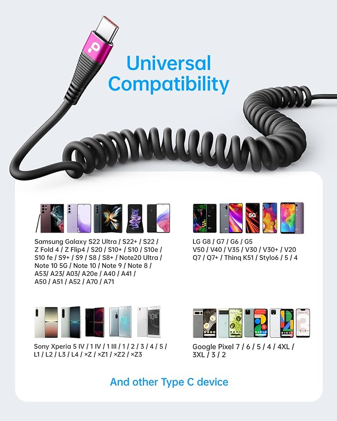USB A to USB C Cable for Car, 2Pack 3FT Coiled USB C Cable Fast Charging, USB Type C Charging Cord Compatible with iPhone 17/16/15 Pro Max/Samsung Galaxy S20 S10 and More USB C Devices-Rose Red