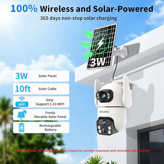 Security Cameras Wireless Outdoor with Dual Lens,Solar Cameras for Home Security with 360° View Pan/Tilt,Night Vision,Waterproof,PIR Alarm,2-Way Audio,SD/Cloud Storage,No Month Fee,2.4GHz WiFi(4 Pack)