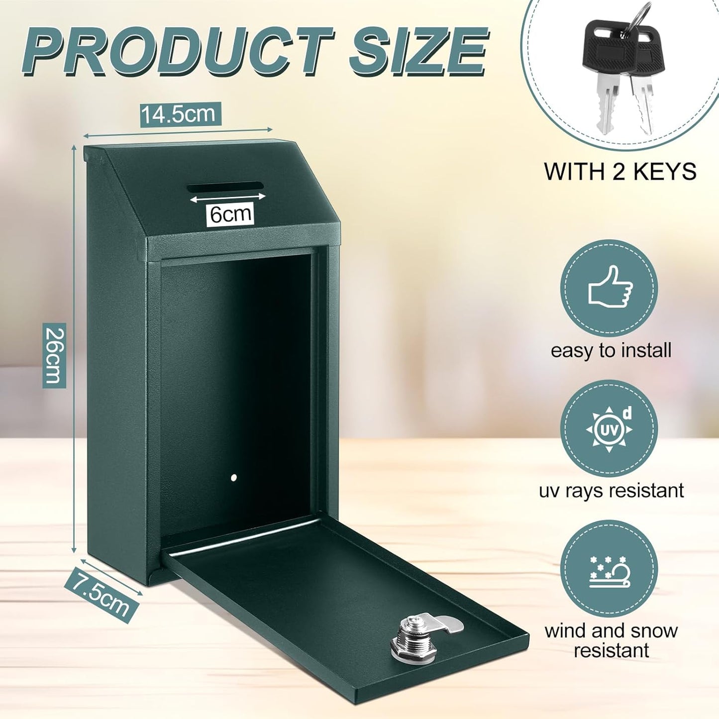 Metal Donation Cash Box Collection Safe Suggestion Box with Lock Wall Mounted Mailbox Delivery Ballot Container for Home Office Outdoor Door