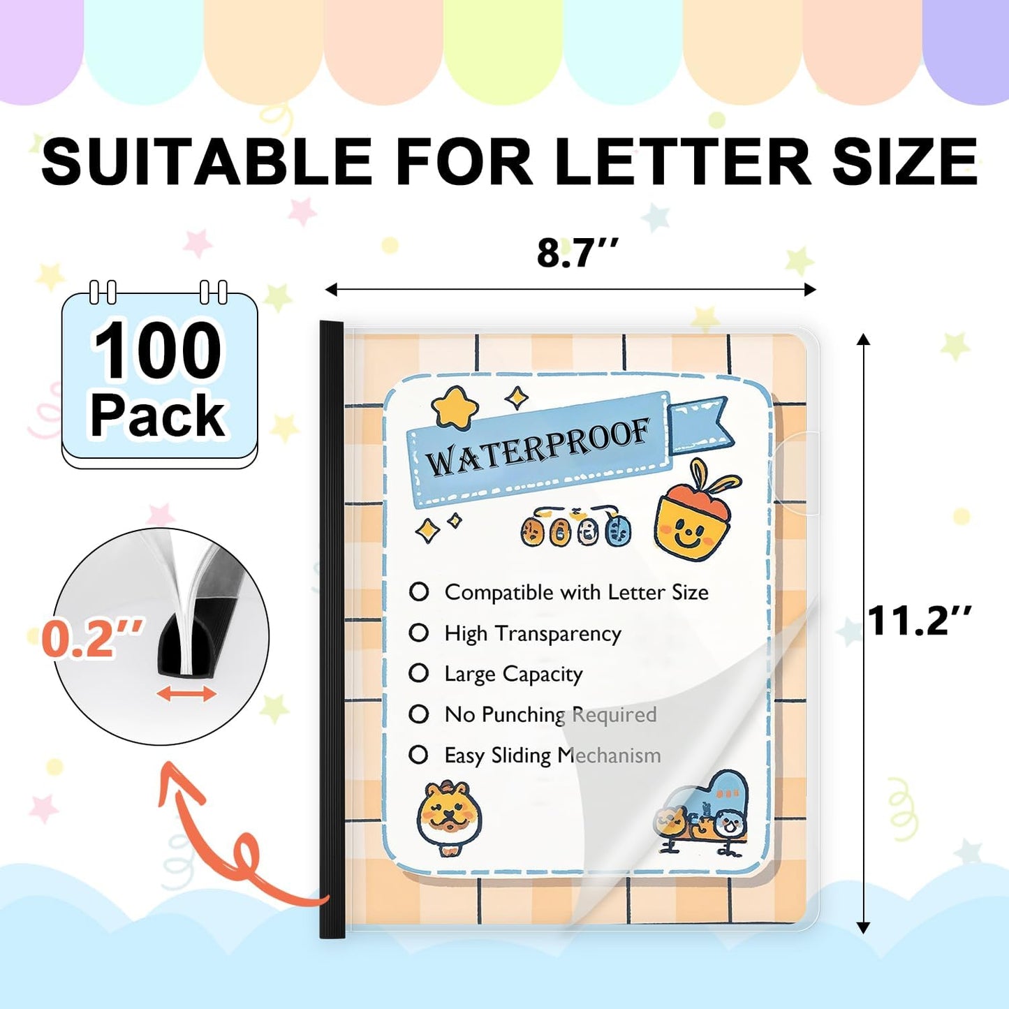 TOTiyea 100 Pack Letter Size Clear Report Covers with Sliding Bars, 5mm (25 Sheet Capacity) Sliding Bar File Folders, Black