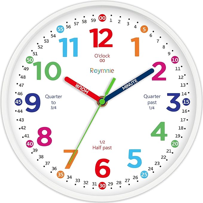 Wall Clock 10 Inch for Kids Learning Kids Teaching Clock Analog Silent Battery Operated Colorful Teaching Time Clock Decorative for Kids Room Kitchen School (White Grain)