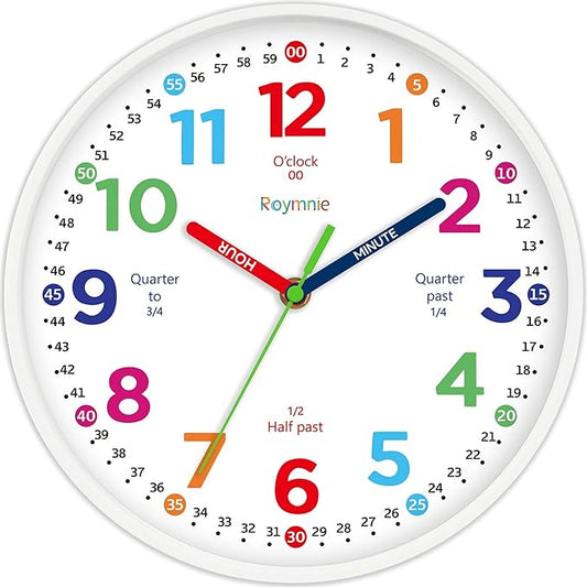 Wall Clock 10 Inch for Kids Learning Kids Teaching Clock Analog Silent Battery Operated Colorful Teaching Time Clock Decorative for Kids Room Kitchen School (White Grain)