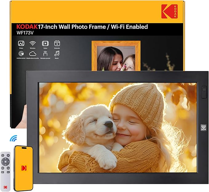 KODAK 17.3" X-Large WiFi Digital Picture Frame - 1920x1080 FHD IPS Display with 32GB Storage, Auto-Rotate, Remote Control, Wall Mountable, Compatible with Alexa, for Family