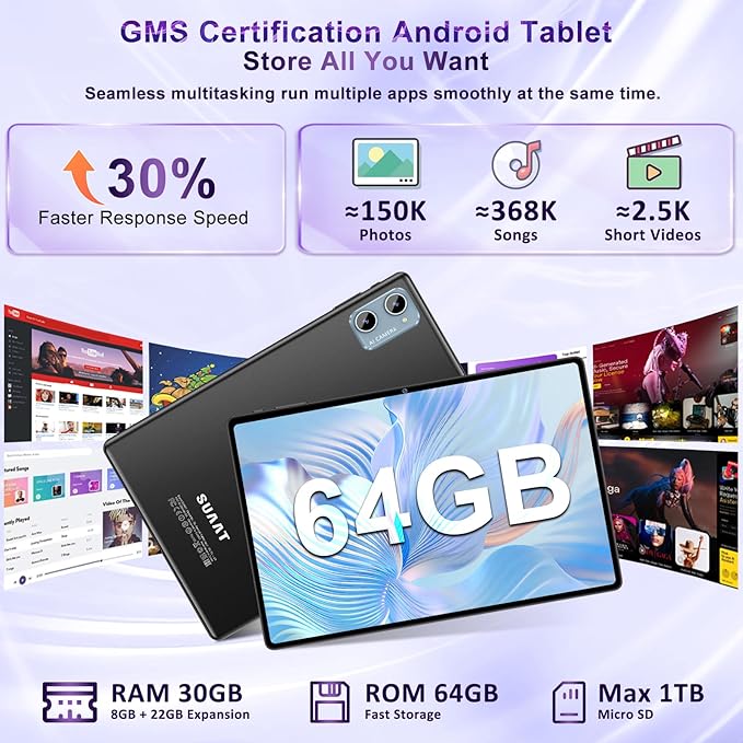 10 Inch Tablet Android 15 Tablets with Keyboard, 30GB 64GB 1TB Expand Tab PC with 2.0GHz Octa-Core, 8MP Camera, 6000mAh, GMS, WiFi 6, BT 5.0, FHD Display, Widevine L1, Gemini AI (Black)