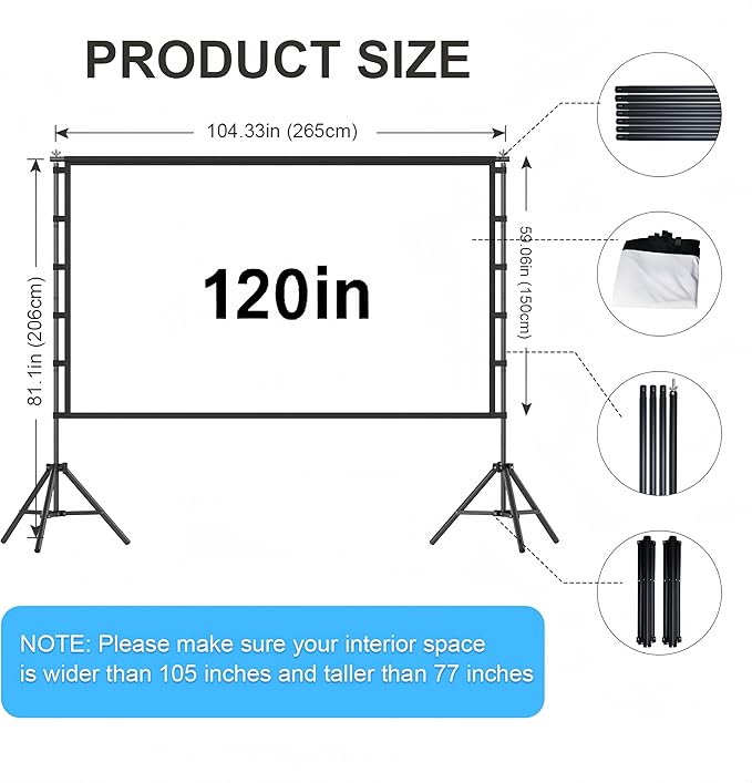 120 inch Projector Screen with Stand, Portable Outdoor Projection Screen Rear Front Movie Screen with Carry Bag Wrinkle-Free 16:9 4K Washable for Indoor Home Theater, Backyard Movie Night